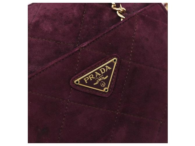 Bolsa de Ombro de Corrente Acolchoada PRADA em Camurça Bordeaux Gold Auth yk20855A Dourado - vista 17