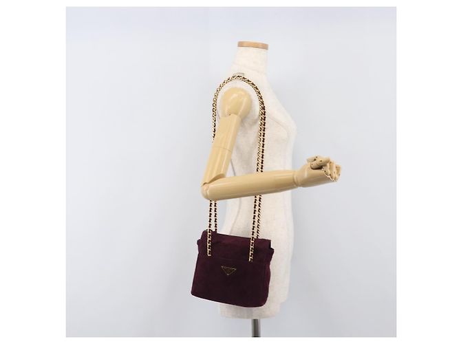 Bolsa de Ombro de Corrente Acolchoada PRADA em Camurça Bordeaux Gold Auth yk20855A Dourado - vista 24