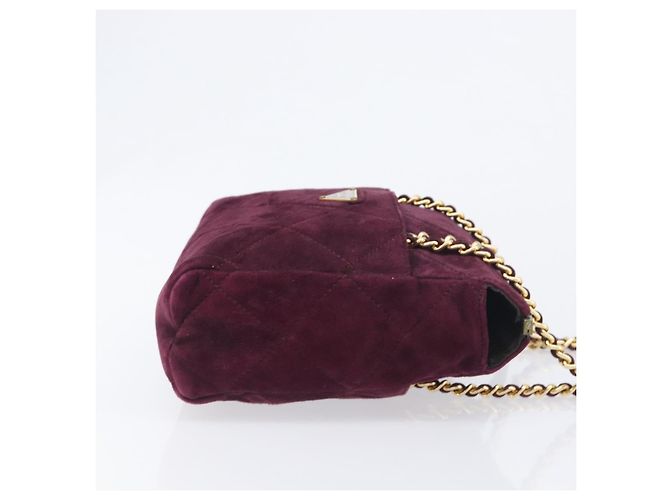 Bolsa de Ombro de Corrente Acolchoada PRADA em Camurça Bordeaux Gold Auth yk20855A Dourado - vista 3