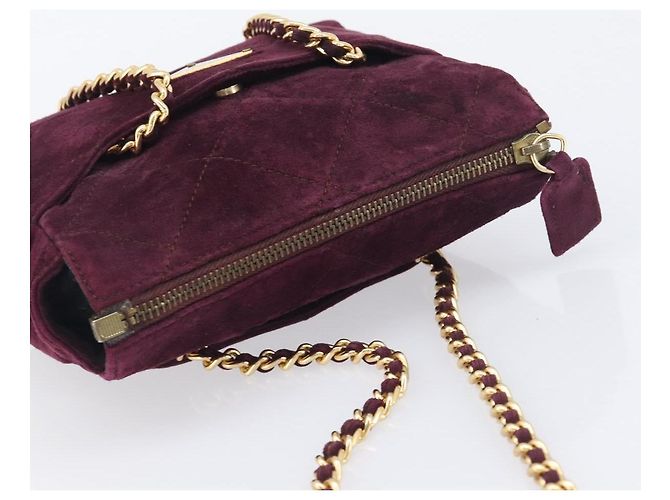 Bolsa de Ombro de Corrente Acolchoada PRADA em Camurça Bordeaux Gold Auth yk20855A Dourado - vista 6