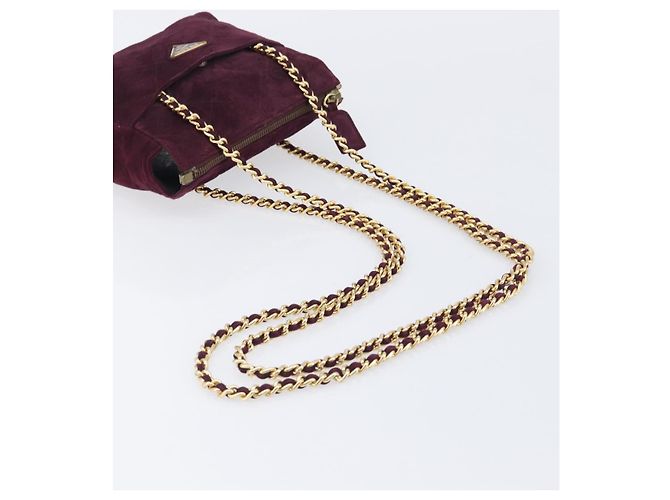 Bolsa de Ombro de Corrente Acolchoada PRADA em Camurça Bordeaux Gold Auth yk20855A Dourado - vista 7
