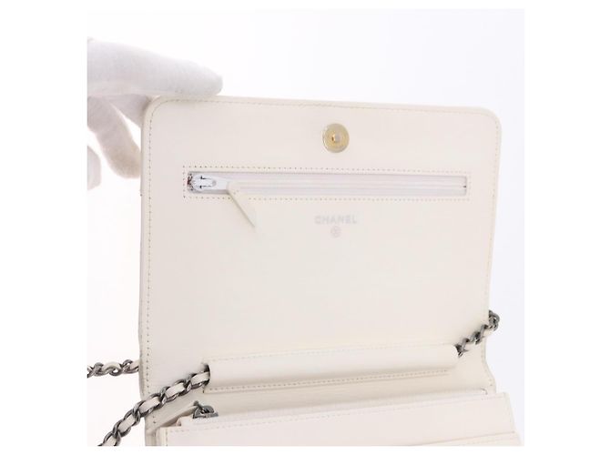 Cartera de hombro con cadena CHANEL Matelasse Lamb Skin White CC Auth 197718V Plata Blanco Dorado - vista 18