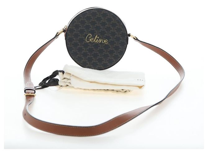 Céline Borsa a Tracolla Rotonda CELINE Triomphe PVC Nero Oro Auth 199654M D'oro - vista 12
