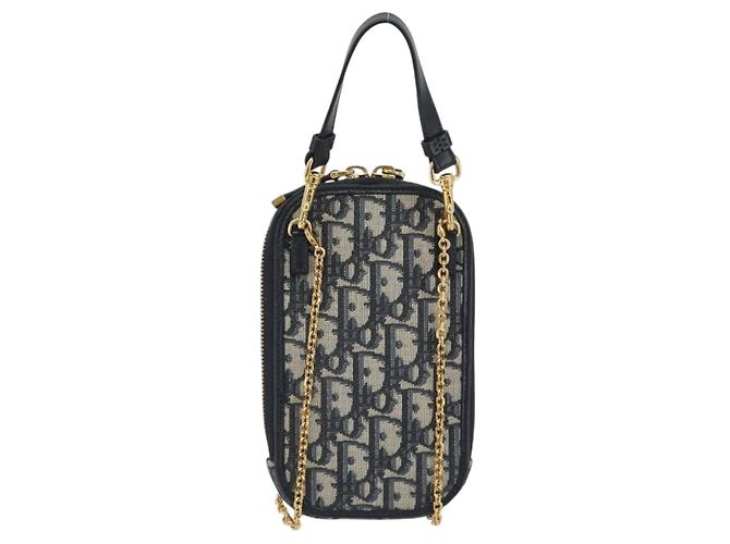 Christian Dior Trotter Canvas Oblique Phone Holder Navy Gold Auth 196681M D'oro Blu navy - vista 2