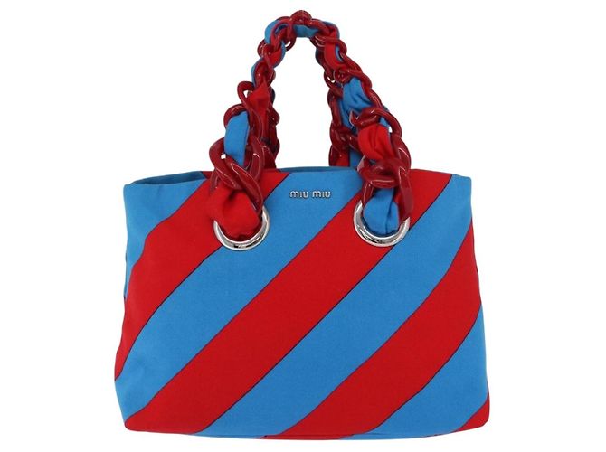 Borsa Tote con Catena Miu Miu Canvas Red Blue Auth BA15319V Rosso - vista 13