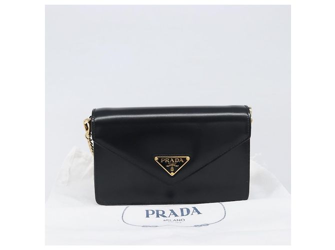 Borsa a tracolla con catena PRADA in pelle nera e oro Auth 199037SAM Nero D'oro - vista 12