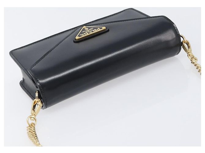 Borsa a tracolla con catena PRADA in pelle nera e oro Auth 199037SAM Nero D'oro - vista 6