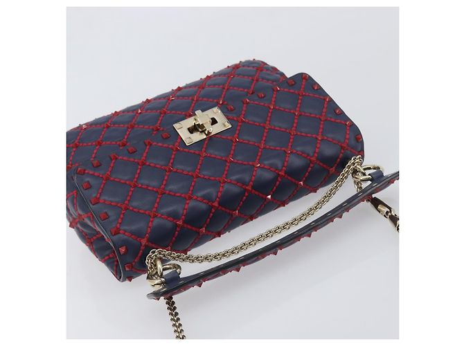 Borsa a tracolla Valentino Rock Studs Chain in pelle 2way Navy Gold Auth 198645M D'oro Blu navy - vista 6