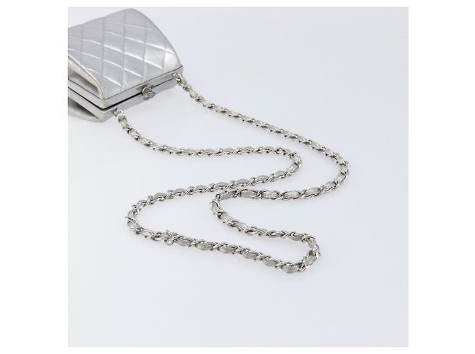 CHANEL Pochette a spalla con catena in pelle Matelassé Silver CC Auth 197202A Argento - vista 7