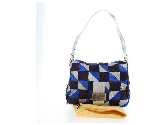 Borsa a tracolla FENDI Mamma Baguette Canvas Blue Silver Auth 196591V Argento - vista 12