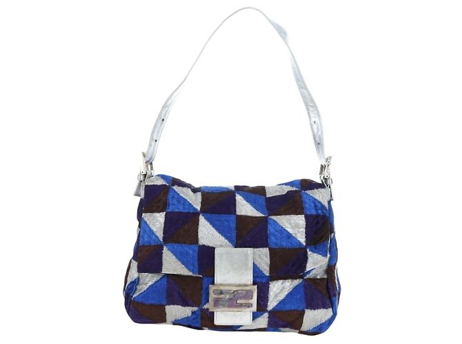 Borsa a tracolla FENDI Mamma Baguette Canvas Blue Silver Auth 196591V Argento - vista 13