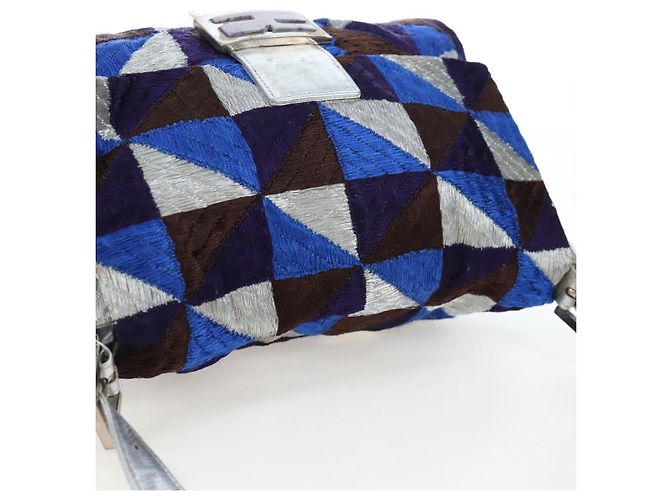 Borsa a tracolla FENDI Mamma Baguette Canvas Blue Silver Auth 196591V Argento - vista 14