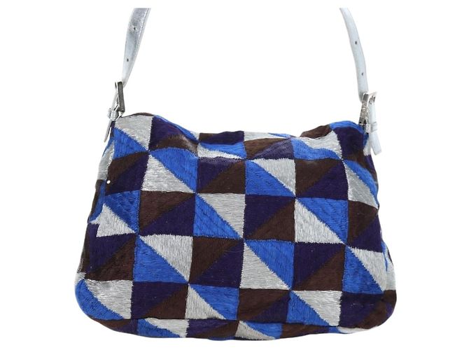 Borsa a tracolla FENDI Mamma Baguette Canvas Blue Silver Auth 196591V Argento - vista 3