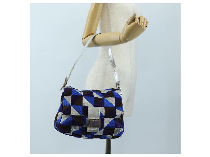 Borsa a tracolla FENDI Mamma Baguette Canvas Blue Silver Auth 196591V Argento - vista 30