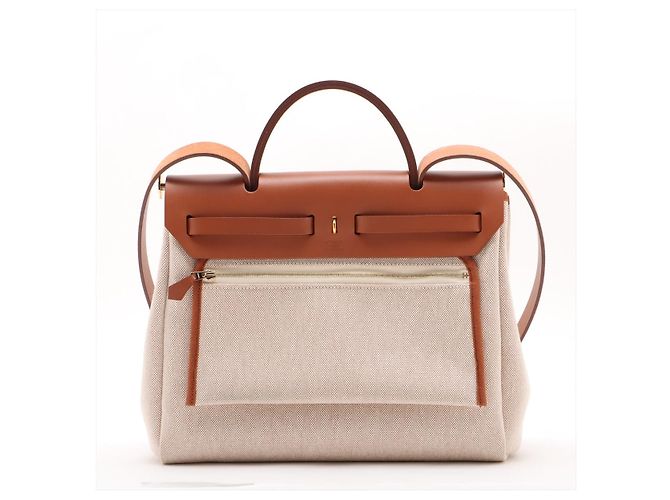 Hermès Herbag PM Twill Ash & Vache Hunter Leather & Canvas Zip Top-handle Handbag Beige - vista 2