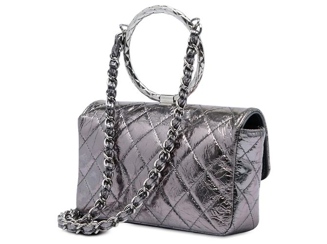 Borsa Chanel Mini Quilted Metallic Crumpled Calfskin Ring Top Handle Flap Satchel Argento - vista 2