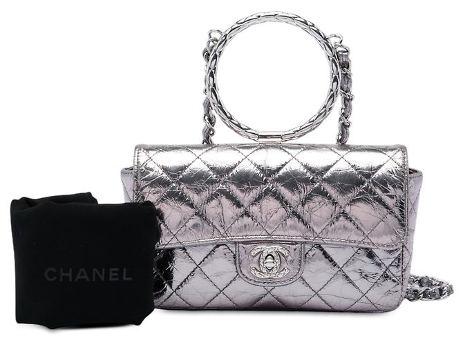 Borsa Chanel Mini Quilted Metallic Crumpled Calfskin Ring Top Handle Flap Satchel Argento - vista 6