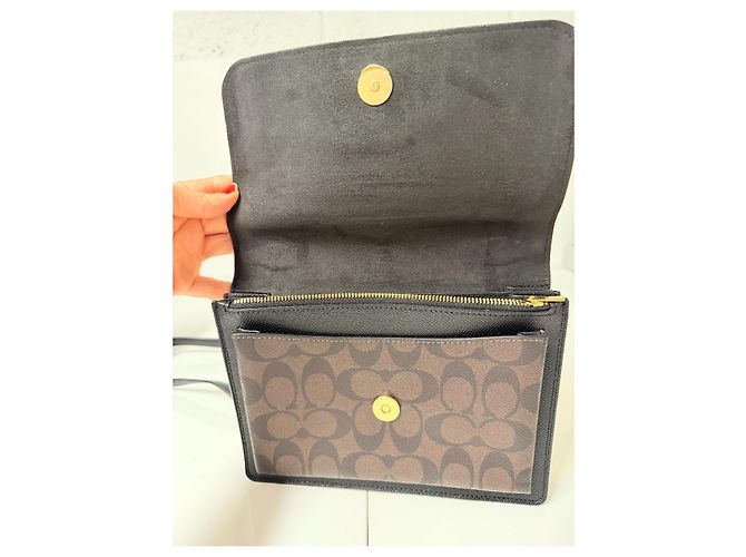 Borsa a tracolla Coach in pelle nera e monogramma marrone Nero - vista 3