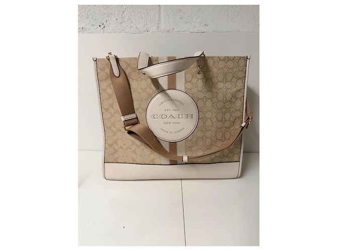 Borsa Tote Coach in Tela Monogrammata e Pelle Bianco Beige - vista 5