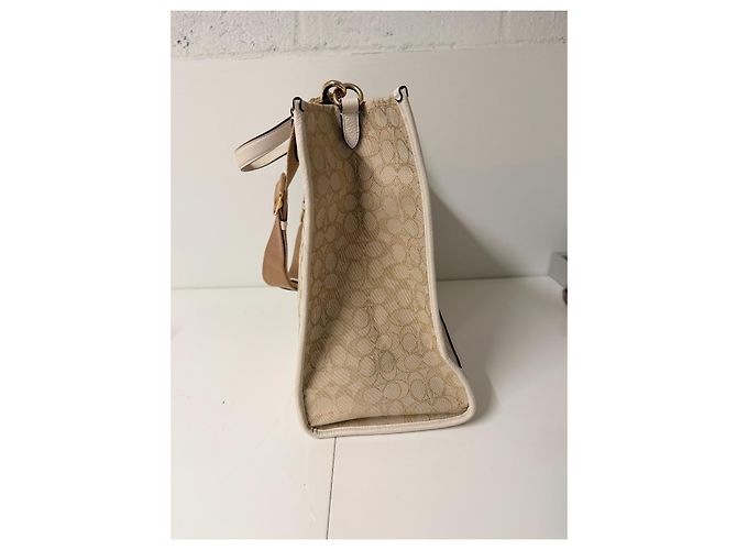 Borsa Tote Coach in Tela Monogrammata e Pelle Bianco Beige - vista 6