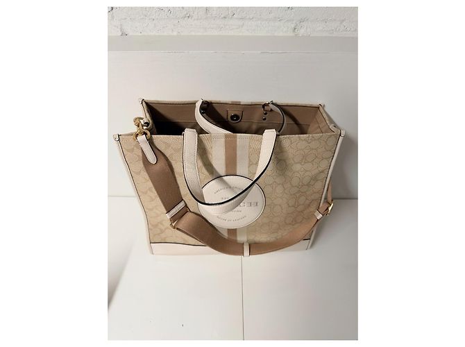 Borsa Tote Coach in Tela Monogrammata e Pelle Bianco Beige - vista 8