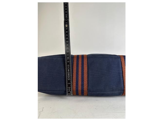 Hermès Vintage Hermes Baumwoll-Tote Navy Rust Silver Snap Marineblau - Ansicht 12