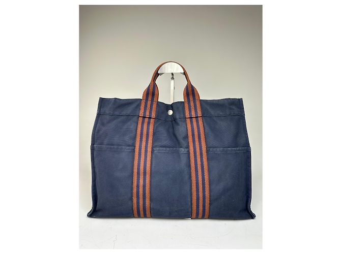 Hermès Vintage Hermes Baumwoll-Tote Navy Rust Silver Snap Marineblau - Ansicht 13