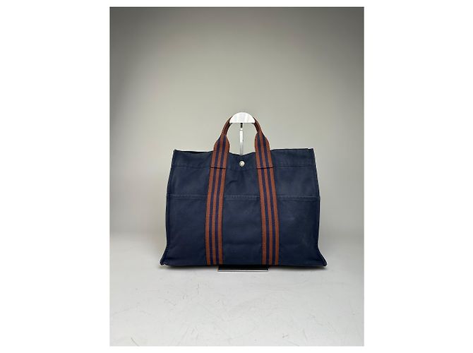 Hermès Vintage Hermes Baumwoll-Tote Navy Rust Silver Snap Marineblau - Ansicht 14