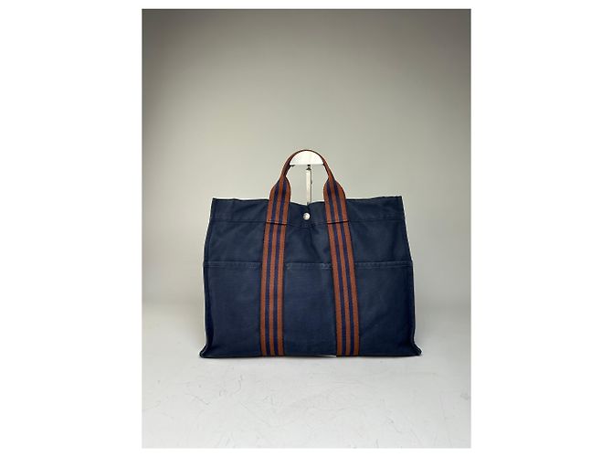 Hermès Vintage Hermes Baumwoll-Tote Navy Rust Silver Snap Marineblau - Ansicht 2