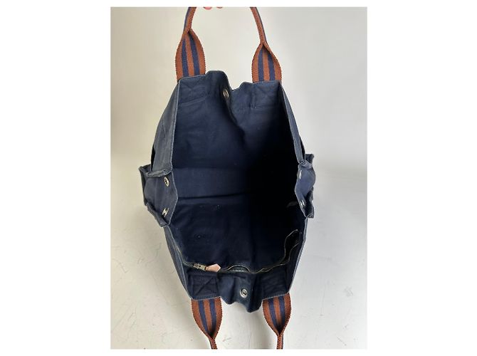 Hermès Vintage Hermes Baumwoll-Tote Navy Rust Silver Snap Marineblau - Ansicht 3