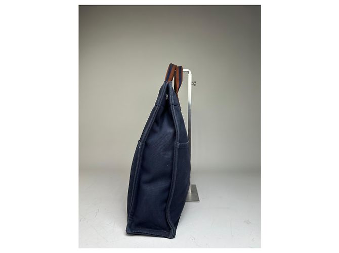 Hermès Vintage Hermes Baumwoll-Tote Navy Rust Silver Snap Marineblau - Ansicht 4