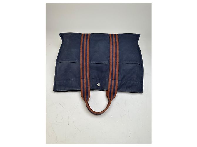 Hermès Vintage Hermes Baumwoll-Tote Navy Rust Silver Snap Marineblau - Ansicht 8