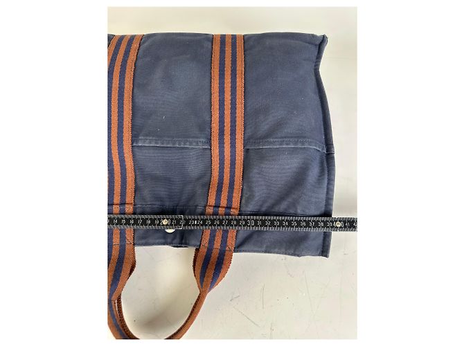 Hermès Vintage Hermes Baumwoll-Tote Navy Rust Silver Snap Marineblau - Ansicht 9