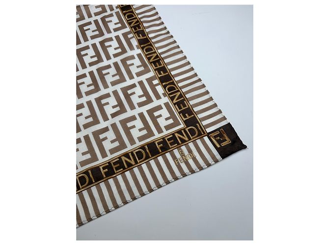 Zucca Foulard in seta Vintage Fendi FF Monogram Cream Brown Beige - vista 2
