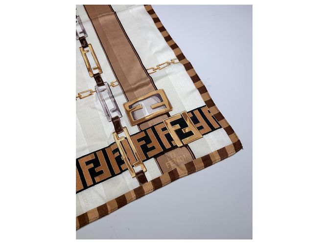 Foulard in seta vintage Fendi FF Monogram Cream Beige Brown - vista 2