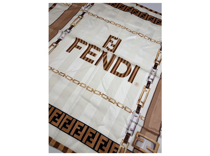 Foulard in seta vintage Fendi FF Monogram Cream Beige Brown - vista 3