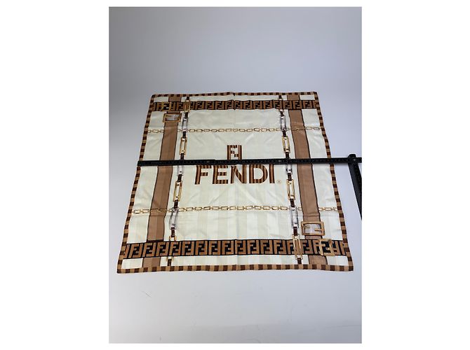 Foulard in seta vintage Fendi FF Monogram Cream Beige Brown - vista 7