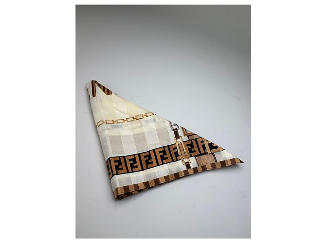 Foulard in seta vintage Fendi FF Monogram Cream Beige Brown - vista 8