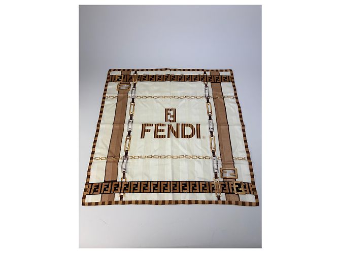 Foulard in seta vintage Fendi FF Monogram Cream Beige Brown - vista 9