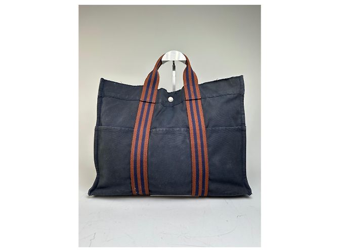 Hermès Vintage Hermes Canvas Tote in Navy-Braun gestreift Marineblau - Ansicht 13
