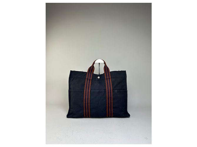 Hermès Vintage Hermes Canvas Tote in Navy-Braun gestreift Marineblau - Ansicht 14