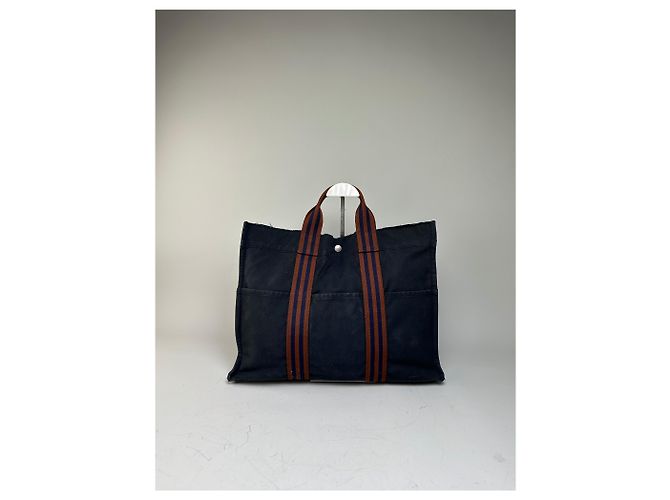 Hermès Vintage Hermes Canvas Tote in Navy-Braun gestreift Marineblau - Ansicht 2