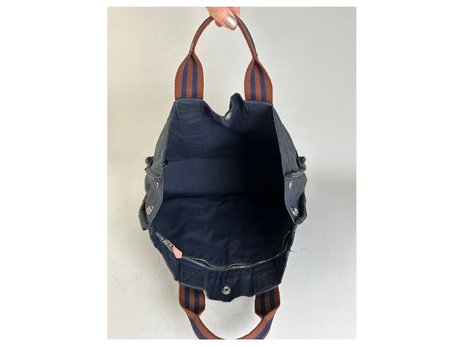 Hermès Vintage Hermes Canvas Tote in Navy-Braun gestreift Marineblau - Ansicht 3