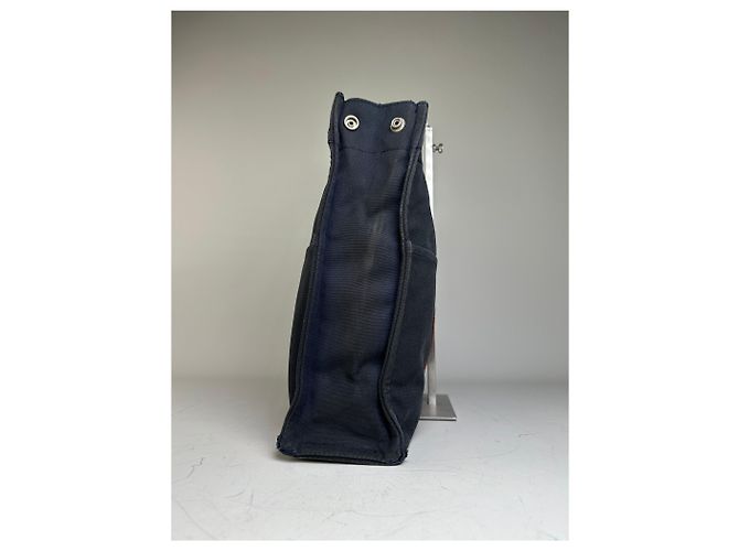Hermès Vintage Hermes Canvas Tote in Navy-Braun gestreift Marineblau - Ansicht 5