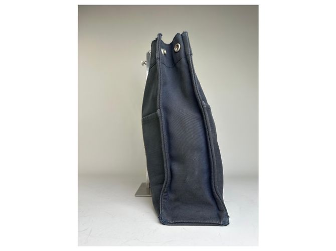 Hermès Vintage Hermes Canvas Tote in Navy-Braun gestreift Marineblau - Ansicht 7