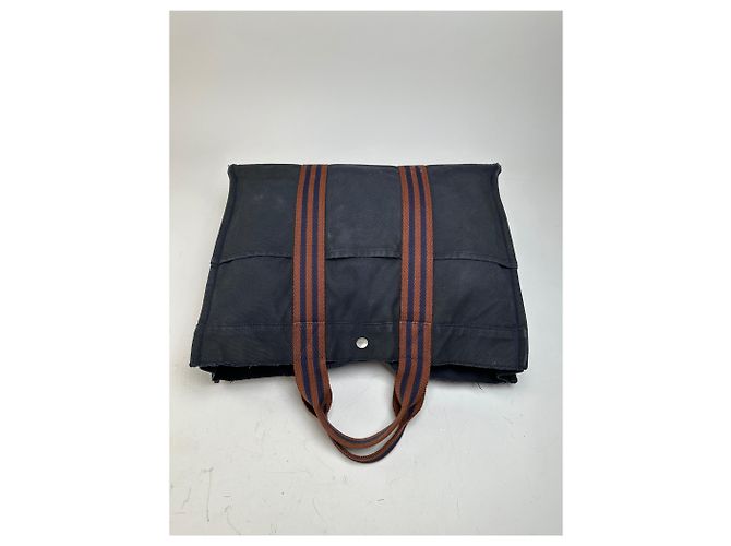 Hermès Vintage Hermes Canvas Tote in Navy-Braun gestreift Marineblau - Ansicht 8