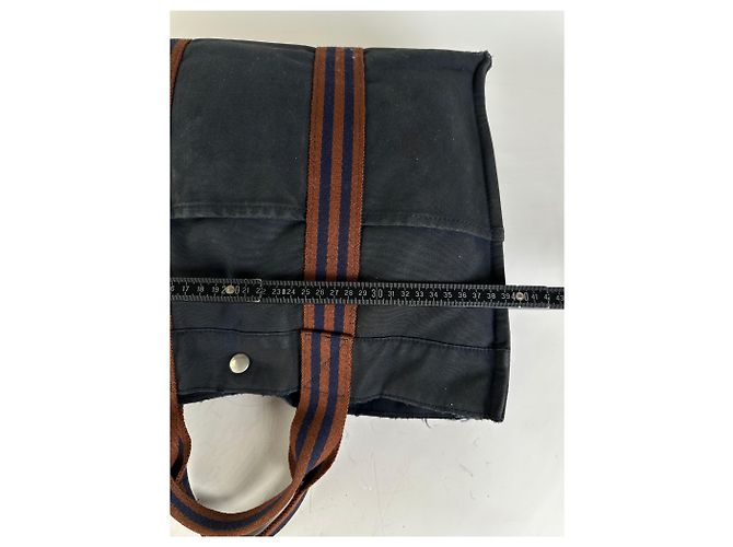 Hermès Vintage Hermes Canvas Tote in Navy-Braun gestreift Marineblau - Ansicht 9