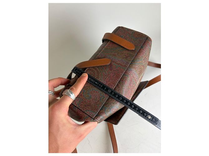 Vintage Etro Fabric Leather Trim Backpack Cream Rust Green Beige - view 12
