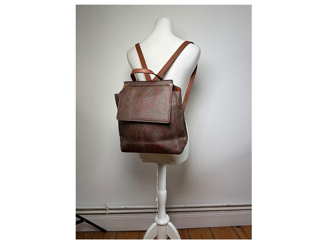 Vintage Etro Fabric Leather Trim Backpack Cream Rust Green Beige - view 13