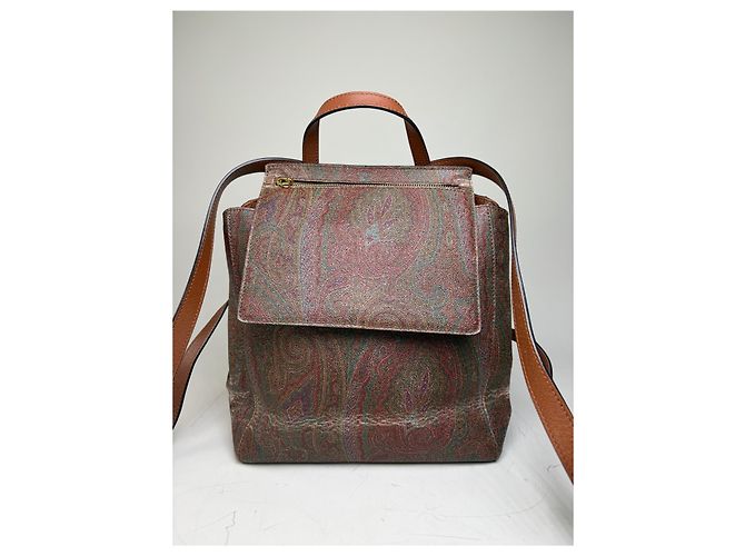 Vintage Etro Fabric Leather Trim Backpack Cream Rust Green Beige - view 14